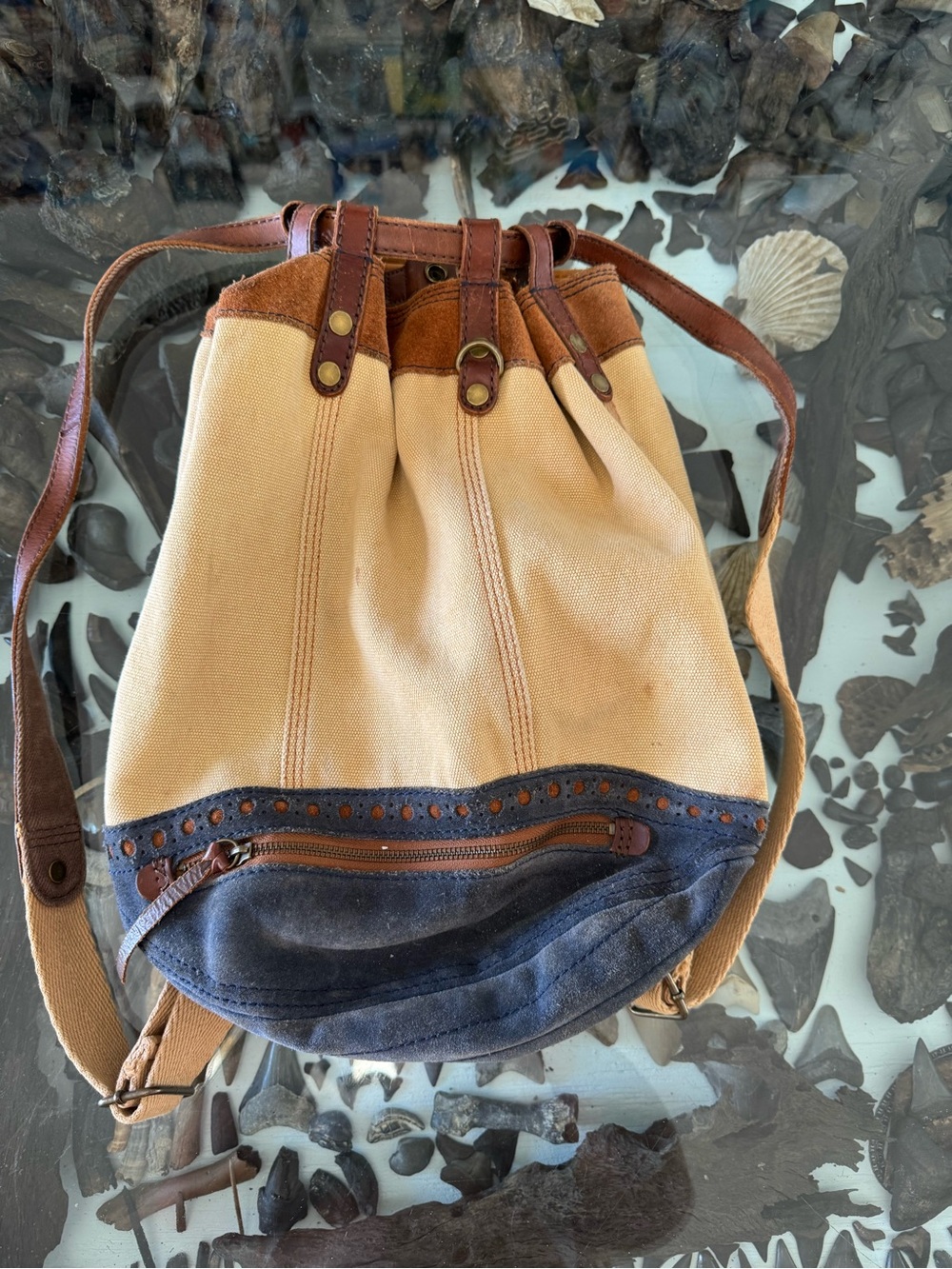 Lucky Brand Tan Canvas & Brown Leather Drawstring Backpack